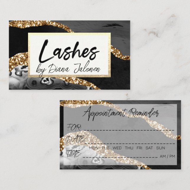 Lashes Appointment Reminder Gold Black Marble Business Card (Front/Back)