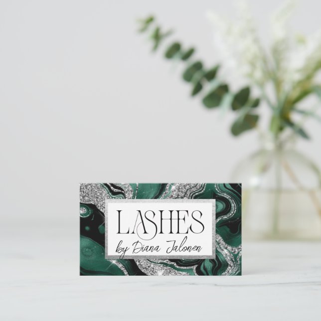 Lashes Appointment Reminder Silver Green Marble Business Card (Standing Front)