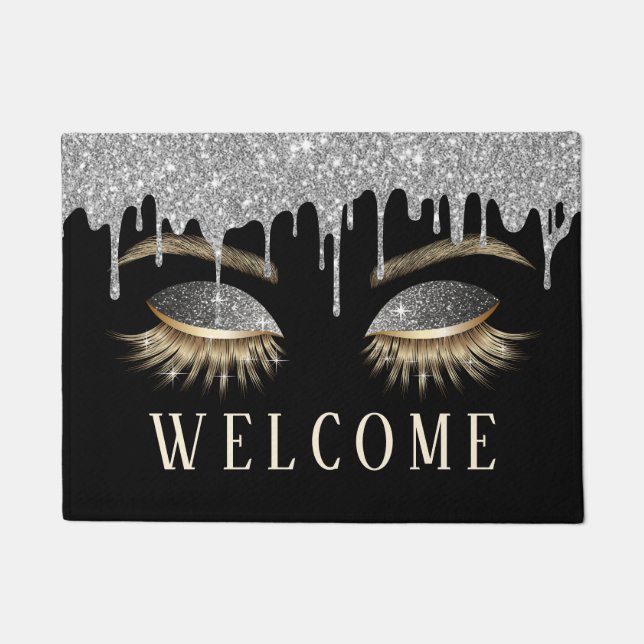 Lashes Beauty Salon Silver Drips Black Welcome Doormat (Front)