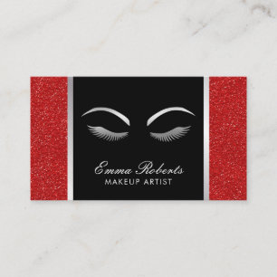 Lashes & Brow Makeup Artist Modern Red & Silver Business Card