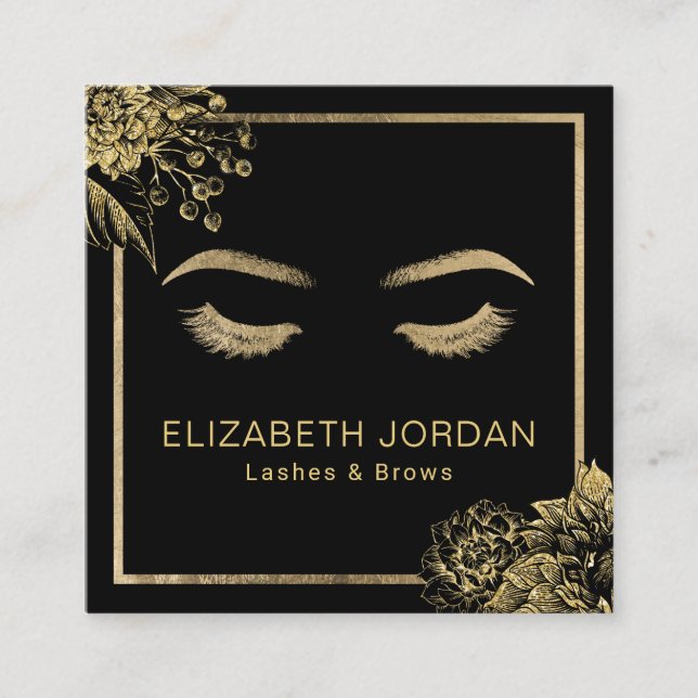 Lashes Brows Beauty Salon Black & Gold Botanical Square Business Card (Front)
