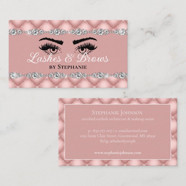 Lashes Brows Blush Pink Diamonds Tufted Glamourous Business Card (Front/Back)