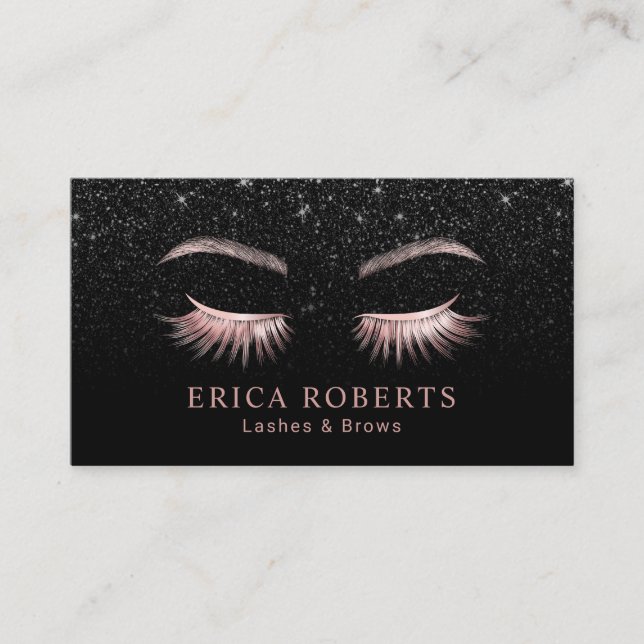 Lashes & Brows Makeup Artist Black Glitter Salon Business Card (Front)