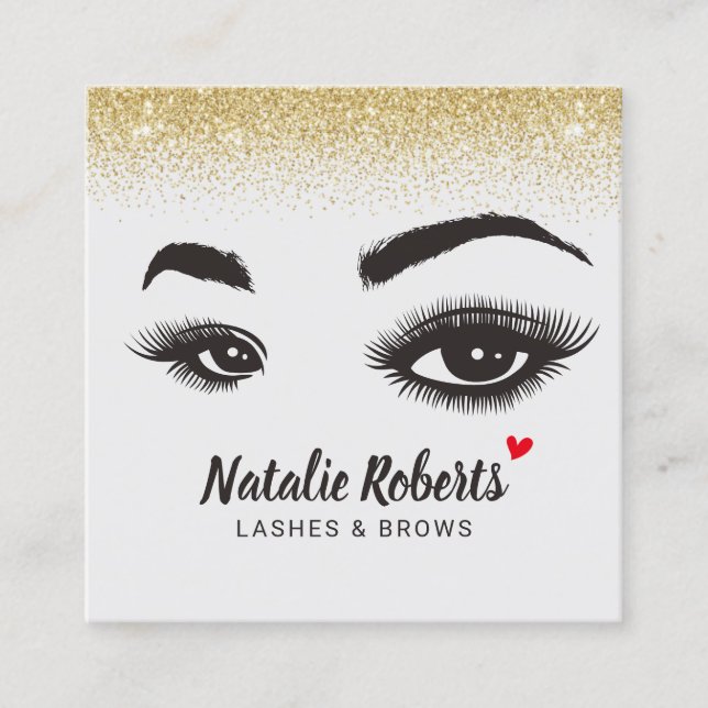Lashes & Brows Makeup Artist Gold Confetti Salon Square Business Card (Front)