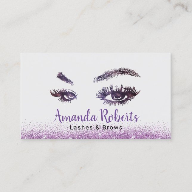 Lashes & Brows Makeup Artist Modern Purple Glitter Business Card (Front)