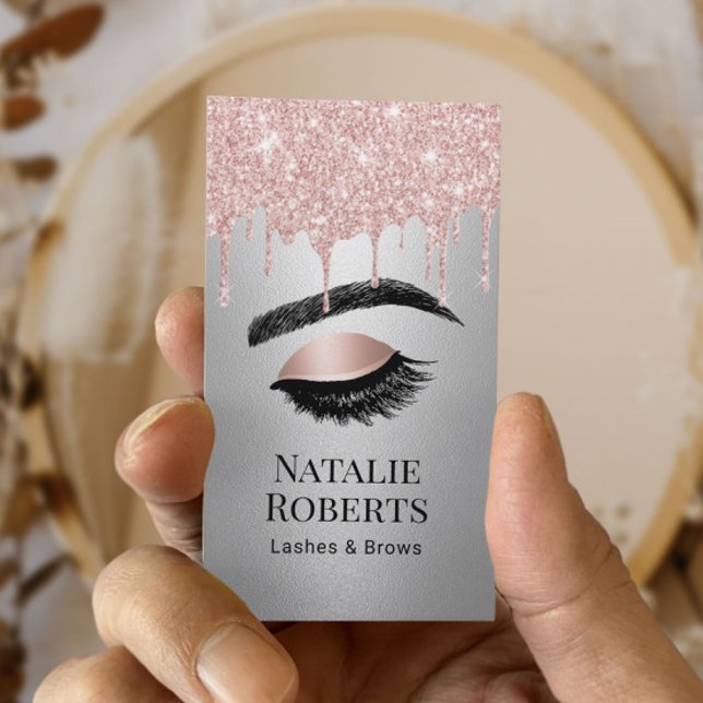 Lashes Brows Makeup Artist Rose Gold Drips Silver Business Card (Creator Uploaded)