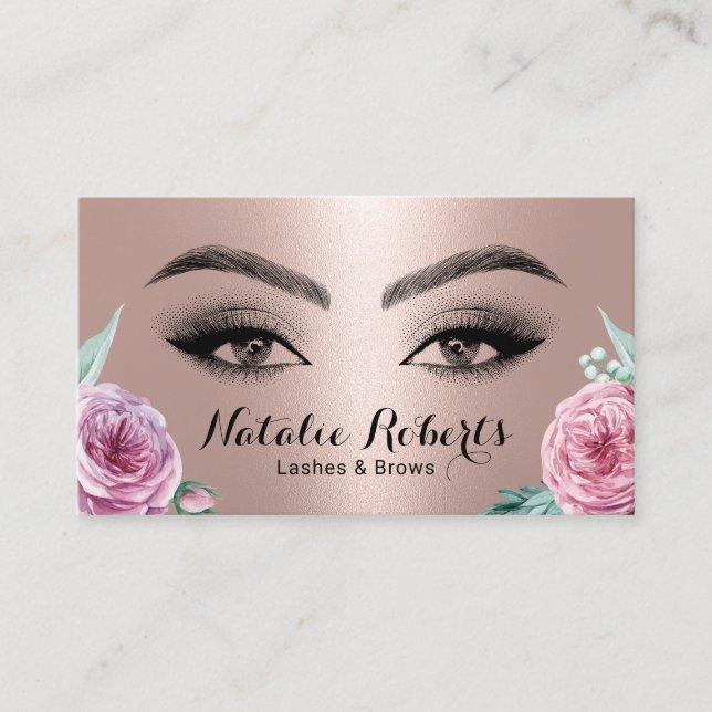 Lashes Brows Makeup Artist Rose Gold Floral Salon Business Card (Front)