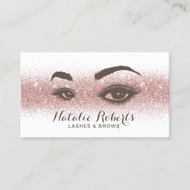 Lashes & Brows Makeup Artist Rose Gold Glitter Business Card (Front)