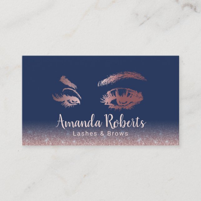 Lashes Brows Makeup Artist Rose Gold Glitter Navy Business Card (Front)