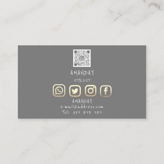  Lashes Brows Makeup Logo Social Media Grey Gold Business Card (Back)