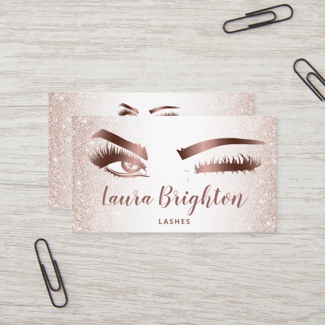 Lashes & Brows Makeup Rose Gold Glitter Wink Eyes Business Card (Front/Back In Situ)