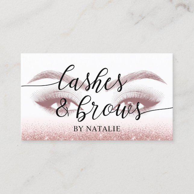 Lashes & Brows Rose Gold Glitter Makeup Artist Business Card (Front)