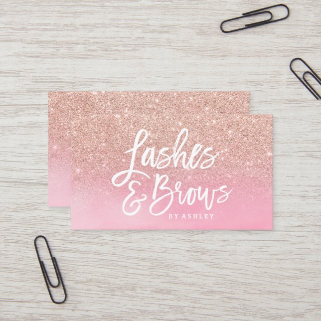 Lashes brows rose gold glitter pink watercolor business card (Front/Back In Situ)