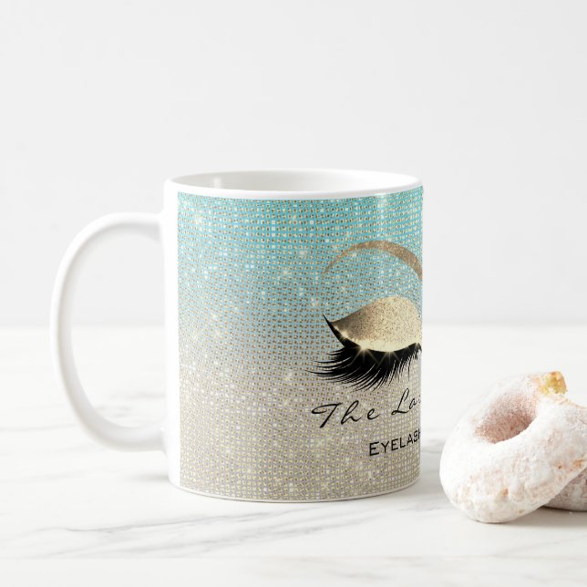 Lashes Extention Beauty Studio Blue Gold Glitter Coffee Mug (With Donut)
