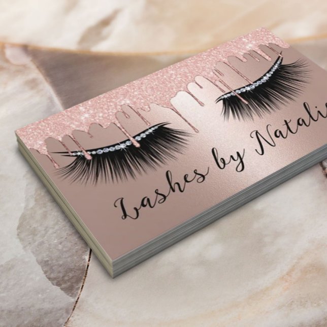 Lashes Eyelash Gems Makeup Artist Rose Gold Drip Business Card (Creator Uploaded)