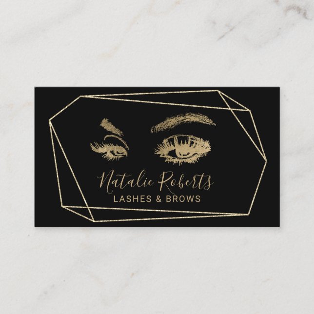 Lashes Eyelash Makeup Artist Geometric Black Gold Business Card (Front)