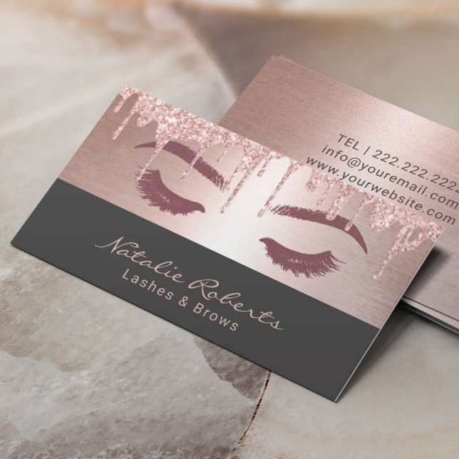 Lashes Eyelash Makeup Artist Rose Gold Drips Grey Business Card (Creator Uploaded)