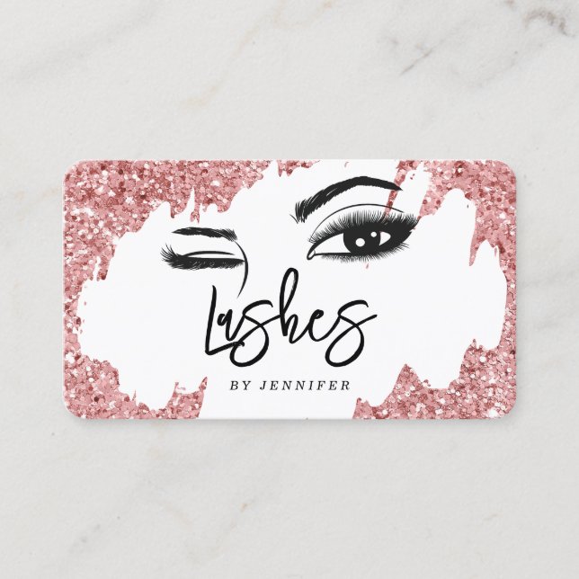 Lashes Eyes and Brows Rose Gold Glitter Business Calling Card (Front)