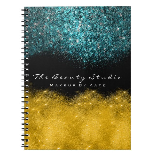 Lashes Eyes Makeup Hair Artist Teal Gold Glitter Notebook (Front)