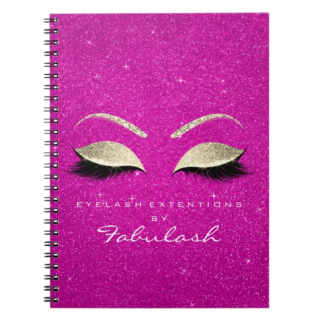 Lashes Glitter Eyes Makeup Bright Pink Gold Name Notebook (Front)
