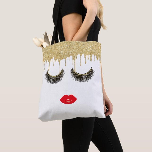 Lashes & Lips Beauty Girl Modern Gold Dripping Tote Bag (Close Up)