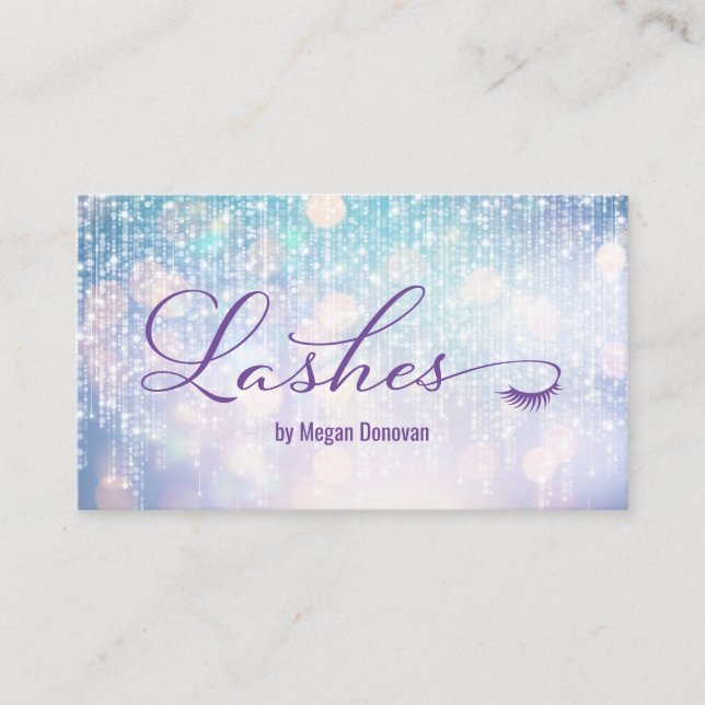 Lashes Logo Purple and Teal Bokeh Sparkle Business Card (Front)