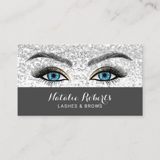 Lashes Makeup Artist Blue Eyes Silver Sequin Salon Business Card (Front)