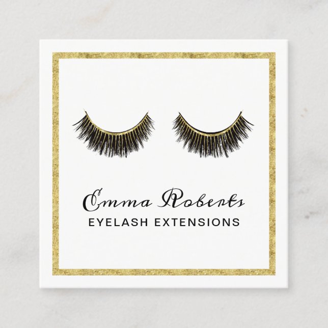 Lashes Makeup Artist Chic Gold Eyelash Extensions Square Business Card (Front)