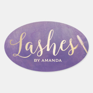 Lashes Makeup Artist Gold Script Elegant Purple Oval Sticker