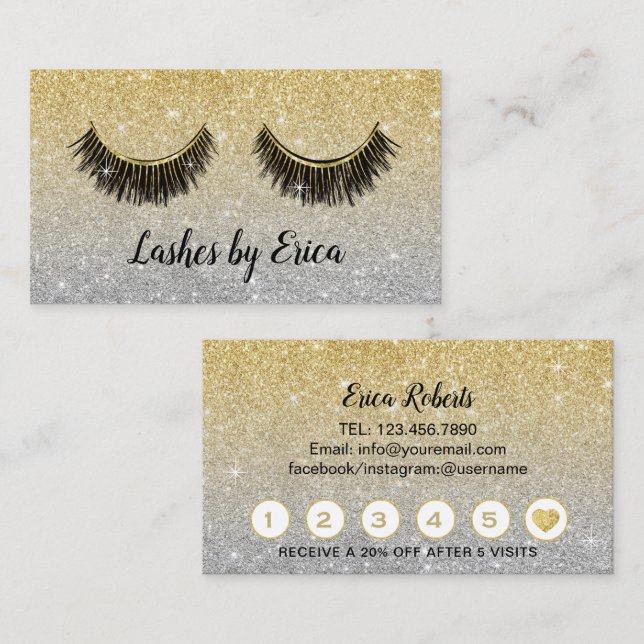 Lashes Makeup Artist Gold & Silver Glitter Loyalty Card (Front/Back)