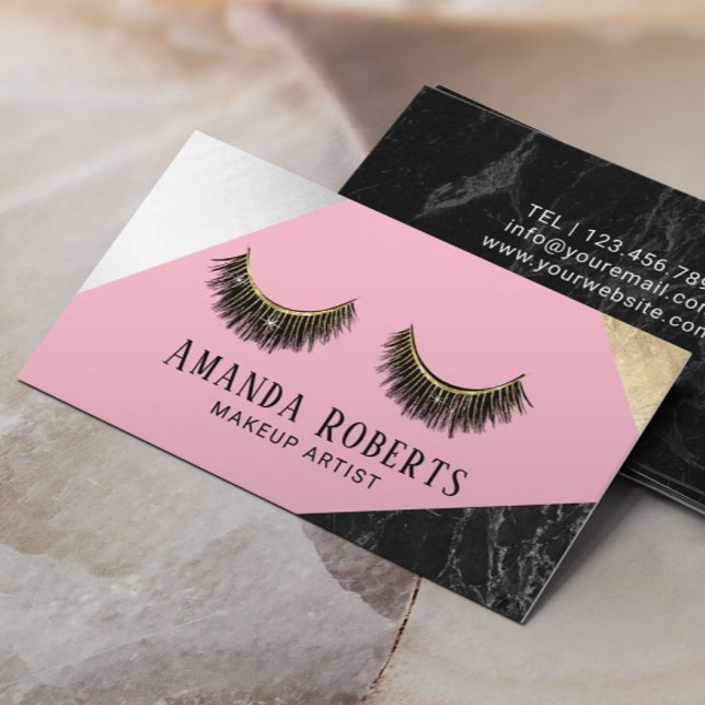 Lashes Makeup Artist Marble Silver Gold Pink Business Card (Creator Uploaded)