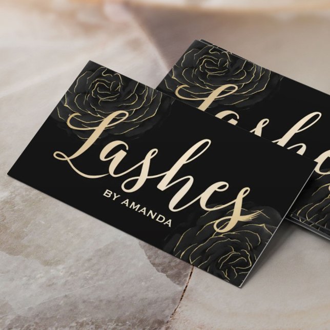 Lashes Makeup Artist Modern Black & Gold Floral Business Card (Creator Uploaded)