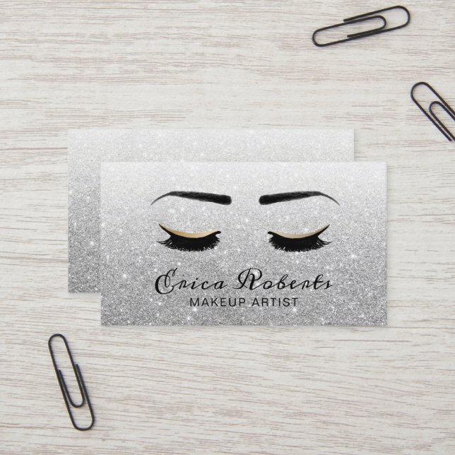 Lashes Makeup Artist Modern Silver Glitter Business Card (Front/Back In Situ)