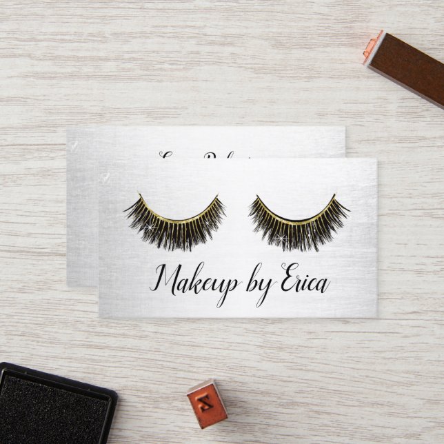 Lashes Makeup Artist Modern Silver Salon Loyalty Card (Front/Back In Situ)