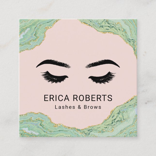 Lashes Makeup Artist Modern Teal Gold Agate Blush Square Business Card (Front)