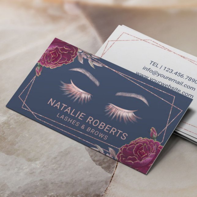 Lashes Makeup Artist Navy Blue Luxury Floral Salon Business Card (Creator Uploaded)