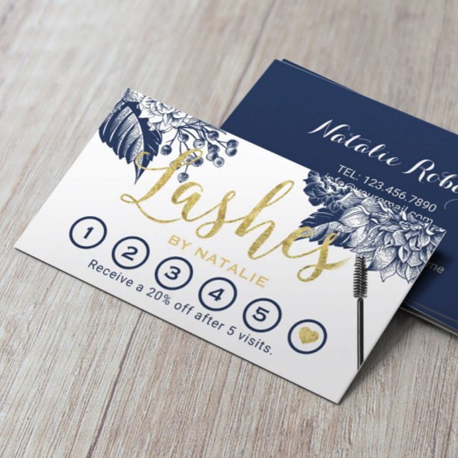 Lashes Makeup Artist Navy Floral Eyelash Loyalty Card (Creator Uploaded)