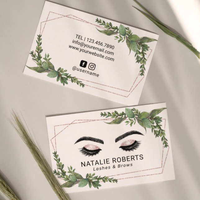 Lashes Makeup Artist Rose Gold Geometric Greenery Business Card (Creator Uploaded)