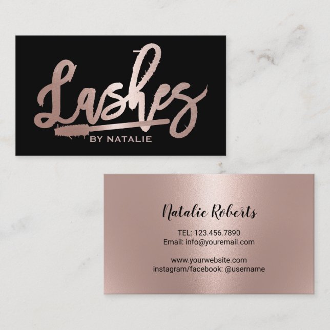 Lashes Makeup Artist Rose Gold Handwritten Script  Business Card (Front/Back)
