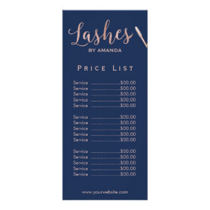 Lashes Makeup Artist Rose Gold Script Navy Price Rack Card