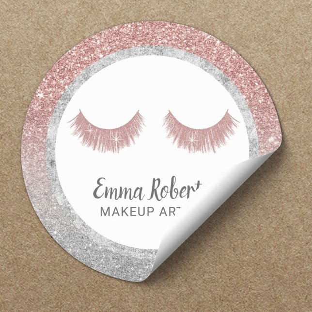 Lashes Makeup Artist Rose Gold & Silver Glitter Classic Round Sticker (Creator Uploaded)
