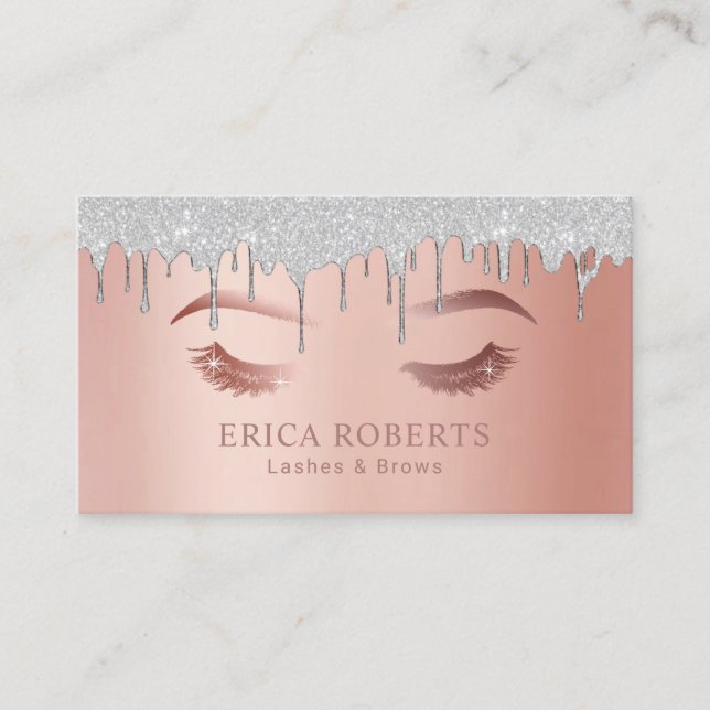 Lashes Makeup Artist Silver Dripping Rose Gold Business Card (Front)