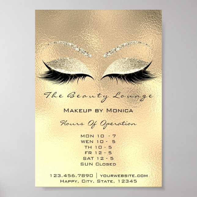 Lashes Makeup Opening Hours Gold Salon Glitter Poster (Front)