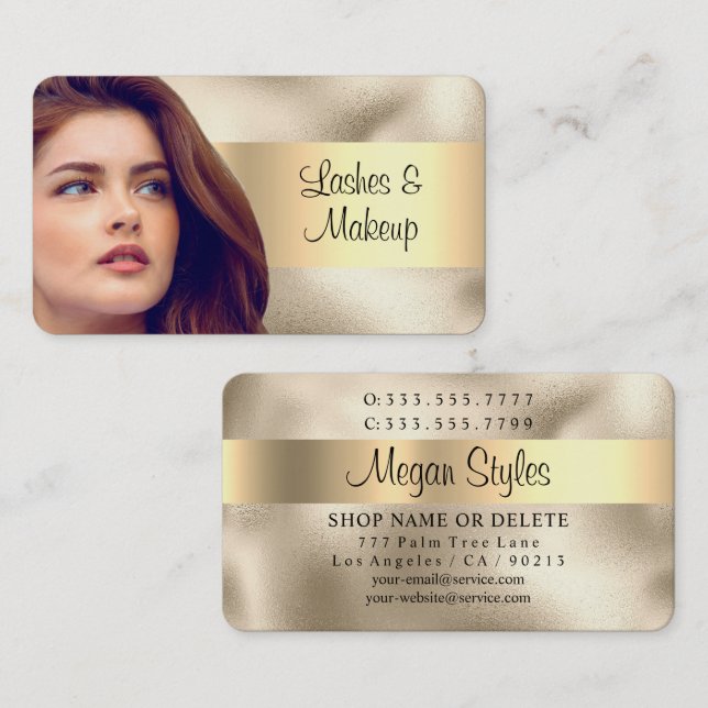 Lashes & Makeup Salon, Your Photo, Gold on Gold Business Card (Front/Back)