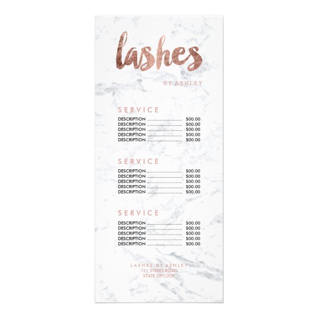 Lashes modern gold typography marble price list rack card (Front)