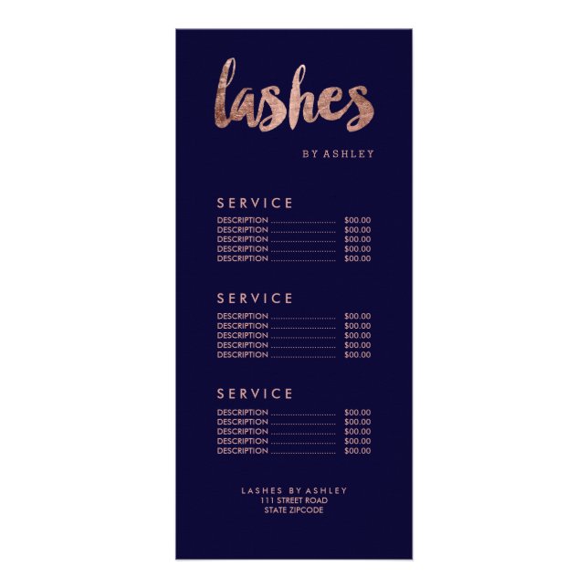 Lashes modern gold typography navy blue price list rack card (Front)