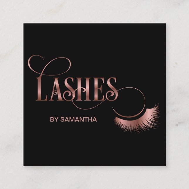Lashes Modern Rose Gold Typography Makeup Artist Square Business Card (Front)
