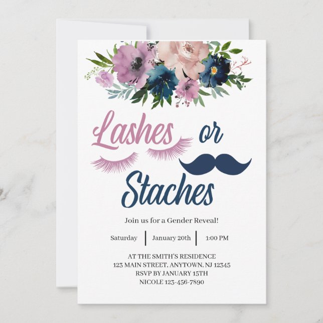 Lashes or Staches Gender Reveal Invitation  (Front)