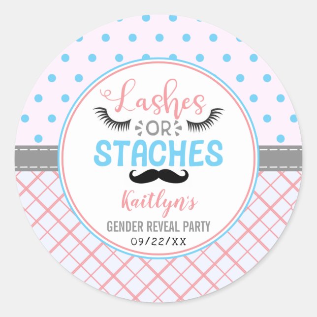 "Lashes Or Staches" Modern Gender Reveal Party Classic Round Sticker (Front)