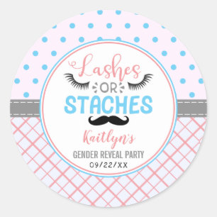 "Lashes Or Staches" Modern Gender Reveal Party Classic Round Sticker